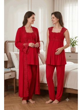 Effortt 4064 Vişne Sabahlıklı Hamile Lohusa Pijama Takımı