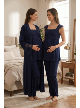 Effortt 4064 LACİVERT Sabahlıklı Hamile Lohusa Pijama Takımı