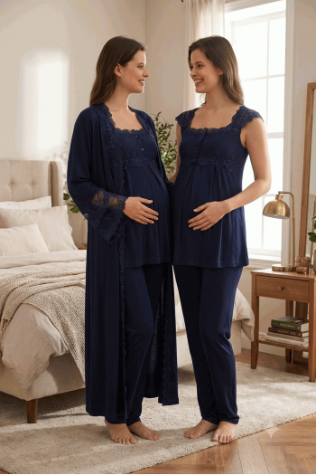 Effortt 4064 LACİVERT Sabahlıklı Hamile Lohusa Pijama Takımı