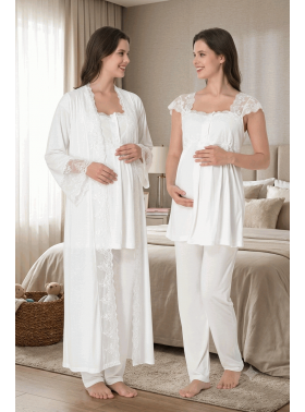 Effortt 4064 EKRU Sabahlıklı Hamile Lohusa Pijama Takımı