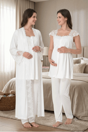 Effortt 4064 EKRU Sabahlıklı Hamile Lohusa Pijama Takımı