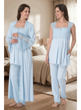 Effortt 4064 MAVİ Sabahlıklı Hamile Lohusa Pijama Takımı