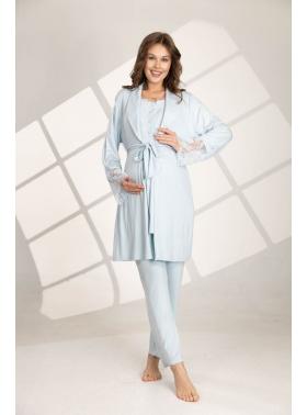 RİMEL  Mavi Dantel Detaylı Sabahlıklı Lohusa Pijama Takımı 560