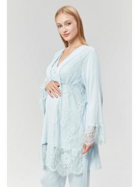 RİMEL  Mavi Dantel Sabahlıklı Kruvaze Lohusa Pijama Takımı 531