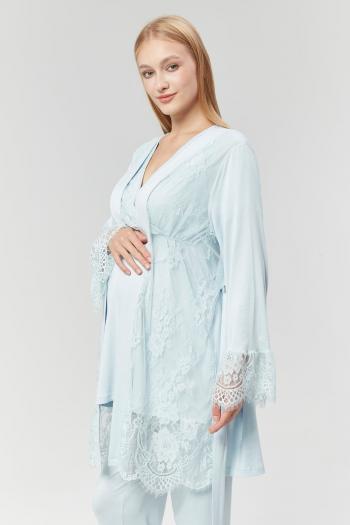 RİMEL  Mavi Dantel Sabahlıklı Kruvaze Lohusa Pijama Takımı 531