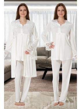 Effortt 4084 Ekru Dantelli Sabahlıklı Lohusa Pijama Takımı