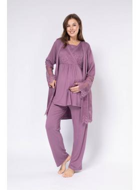 RİMEL  Mürdüm Dantel Detaylı Tasarım Sabahlıklı Kruvaze Lohusa Pijama Takımı 550