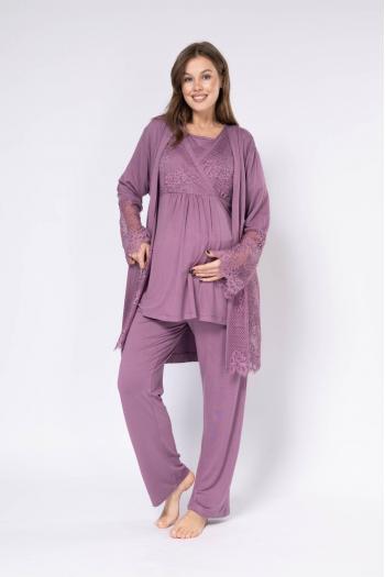 RİMEL  Mürdüm Dantel Detaylı Tasarım Sabahlıklı Kruvaze Lohusa Pijama Takımı 550
