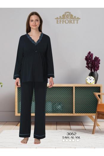 Effortt 3052Lacivert Melanj Dantel Detaylı Lohusa Pijama Takımı