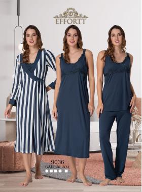 Effortt 9036 Lacivert Çizgili Sabahlıklı Lohusa 4lü Set