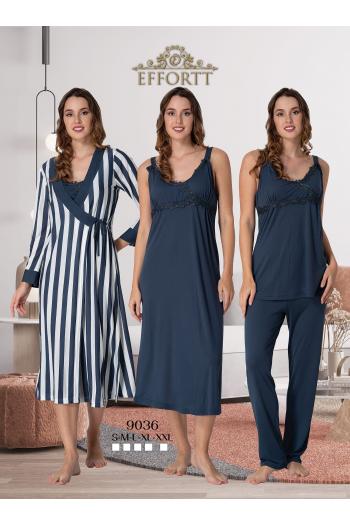 Effortt 9036 Lacivert Çizgili Sabahlıklı Lohusa 4lü Set