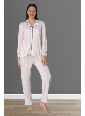 Effortt 2452 Somon Çizgili Uzun Kol Önden Düğmeli Lohusa Pijama Takımı