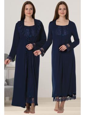 Effortt 3041 LACİVERT Dantelli Sabahlıklı Lohusa Gecelik Takımı