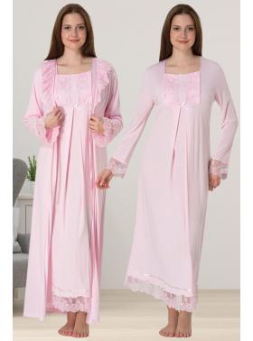 Effortt 3041 PEMBE Dantelli Sabahlıklı Lohusa Gecelik Takımı