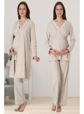 Effortt 3054 Bej Dantel Detaylı Sabahlıklı Lohusa Pijama Takımı