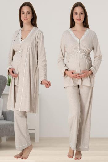 Effortt 3054 Bej Dantel Detaylı Sabahlıklı Lohusa Pijama Takımı