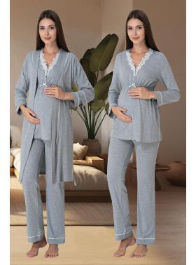 Effortt 3054 Gri Dantel Detaylı Sabahlıklı Lohusa Pijama Takımı