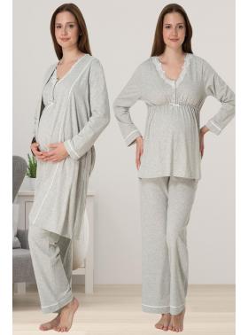 Effortt 3054 Gri Melanj Dantel Detaylı Sabahlıklı Lohusa Pijama Takımı