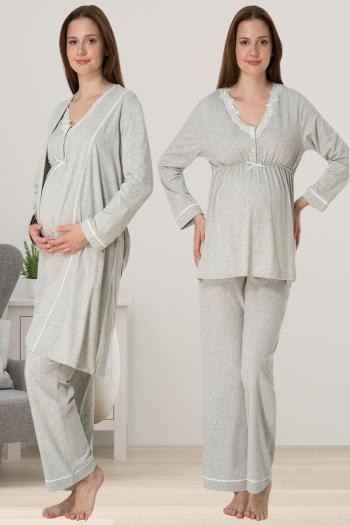 Effortt 3054 Gri Melanj Dantel Detaylı Sabahlıklı Lohusa Pijama Takımı