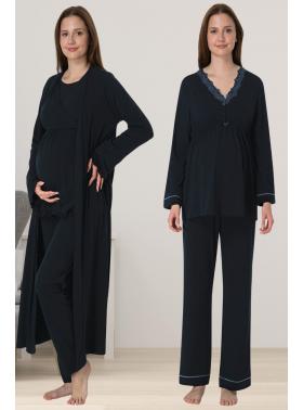 Effortt 3054 Lacivert Dantel Detaylı Sabahlıklı Lohusa Pijama Takımı