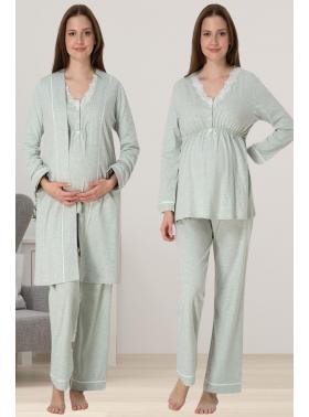 Effortt 3054 Yeşil Dantel Detaylı Sabahlıklı Lohusa Pijama Takımı
