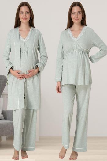 Effortt 3054 Yeşil Dantel Detaylı Sabahlıklı Lohusa Pijama Takımı