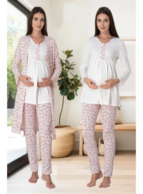 Effortt 3064 PEMBE Desen Sabahlıklı Lohusa Pijama Takımı