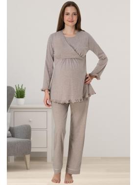 Effortt 4042 Bej Gizli Emzirme Özellikli Lohusa Pijama Takımı