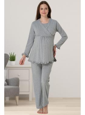Effortt 4042 Gri Gizli Emzirme Özellikli Lohusa Pijama Takımı