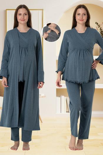 Effortt 4044 Melanj Gizli Emzirme Özellikli Sabahlıklı Lohusa Pijama Takımı