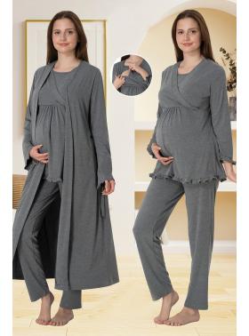 Effortt 4044 Antrasit Gizli Emzirme Özellikli Sabahlıklı Lohusa Pijama Takımı