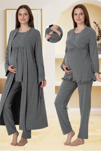 Effortt 4044 Antrasit Gizli Emzirme Özellikli Sabahlıklı Lohusa Pijama Takımı