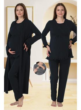 Effortt 4044 Lacivert Gizli Emzirme Özellikli Sabahlıklı Lohusa Pijama Takımı