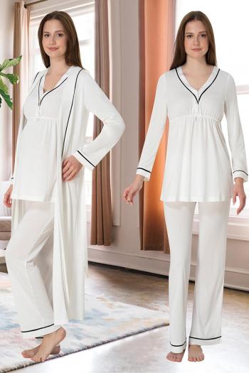 Effortt 4054 Ekru Biye Detaylı Sabahlıklı Lohusa Pijama Takımı