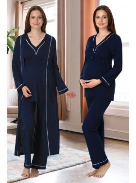 Effortt 4054 Lacivert Biye Detaylı Sabahlıklı Lohusa Pijama Takımı