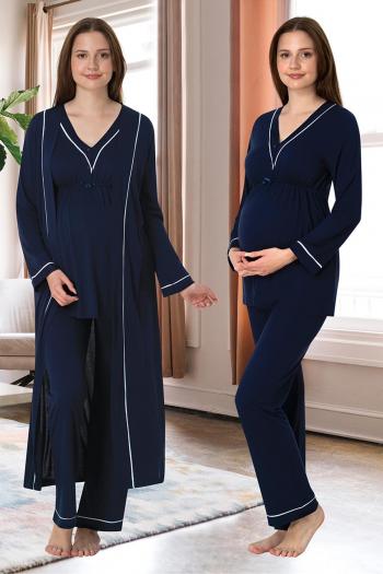 Effortt 4054 Lacivert Biye Detaylı Sabahlıklı Lohusa Pijama Takımı