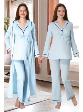 Effortt 4054 Mavi Biye Detaylı Sabahlıklı Lohusa Pijama Takımı