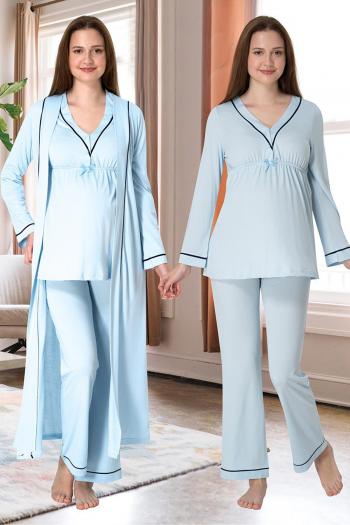 Effortt 4054 Mavi Biye Detaylı Sabahlıklı Lohusa Pijama Takımı