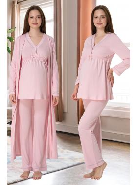 Effortt 4054 Pembe Biye Detaylı Sabahlıklı Lohusa Pijama Takımı