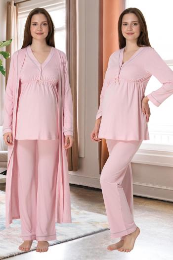 Effortt 4054 Pembe Biye Detaylı Sabahlıklı Lohusa Pijama Takımı