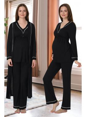 Effortt 4054 Siyah Biye Detaylı Sabahlıklı Lohusa Pijama Takımı