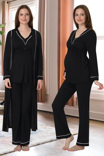 Effortt 4054 Siyah Biye Detaylı Sabahlıklı Lohusa Pijama Takımı