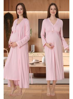 Effortt 4055 Pembe Biye Detaylı Sabahlıklı Lohusa Gecelik Takımı