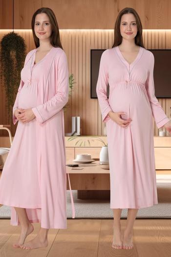 Effortt 4055 Pembe Biye Detaylı Sabahlıklı Lohusa Gecelik Takımı