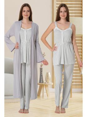 Effortt 4094 Gri Askılı Lohusa Pijama ve Sabahlık Takımı