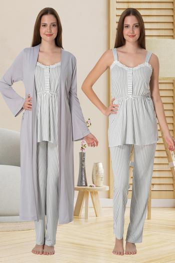 Effortt 4094 Gri Askılı Lohusa Pijama ve Sabahlık Takımı