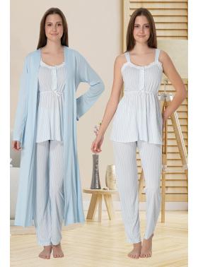 Effortt 4094 Mavi Askılı Lohusa Pijama ve Sabahlık Takımı