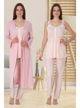 Effortt 4094 Pudra Pembe Askılı Lohusa Pijama ve Sabahlık Takımı