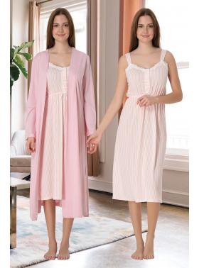 Effortt 4095 Pudra Pembe Askılı Lohusa Gecelik ve Sabahlık Takımı