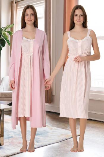 Effortt 4095 Pudra Pembe Askılı Lohusa Gecelik ve Sabahlık Takımı